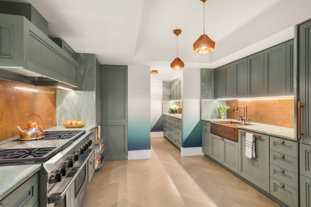 Design ideas for a transitional u-shaped kitchen in New York with recessed-panel cabinets.