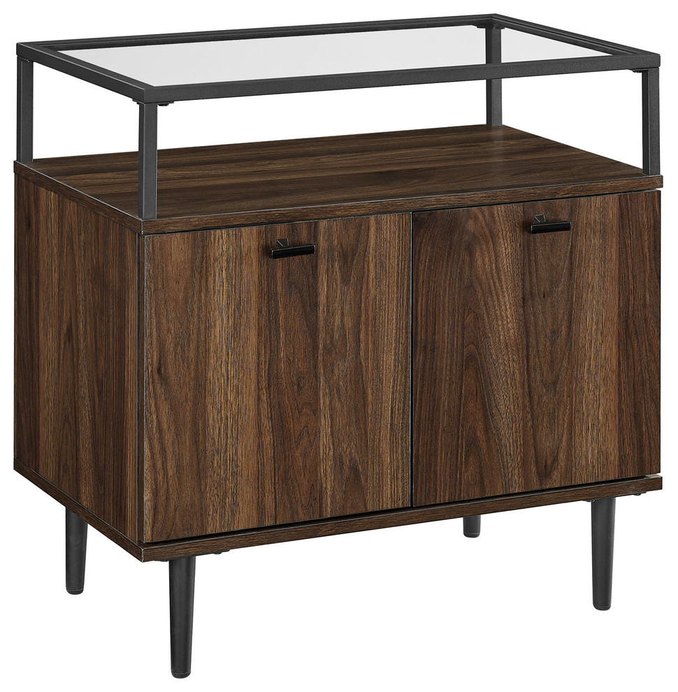 Modern Glass Top 2Door Side Table, Dark Walnut Midcentury Side
