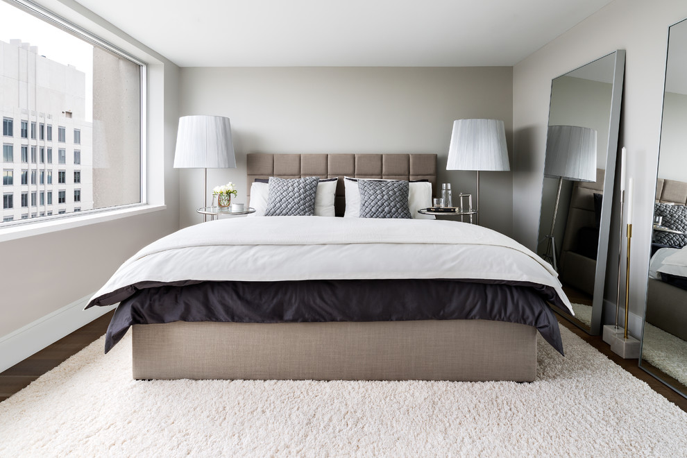 Design ideas for a contemporary master bedroom in Toronto with white walls, no fireplace and dark hardwood floors.