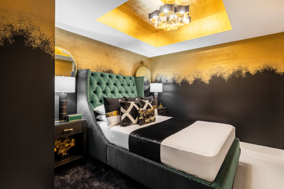 Пример оригинального дизайна: гостевая спальня (комната для гостей) в стиле неоклассика (современная классика) с разноцветными стенами
