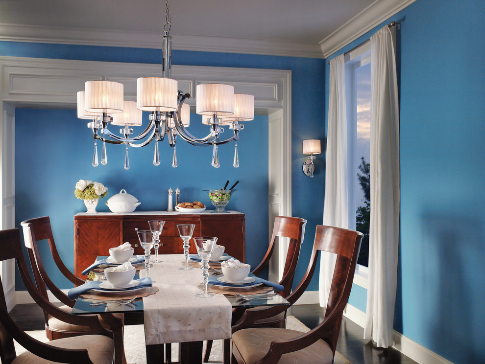 Photo of a mid-sized contemporary separate dining room in New York with blue walls, medium hardwood floors and no fireplace.