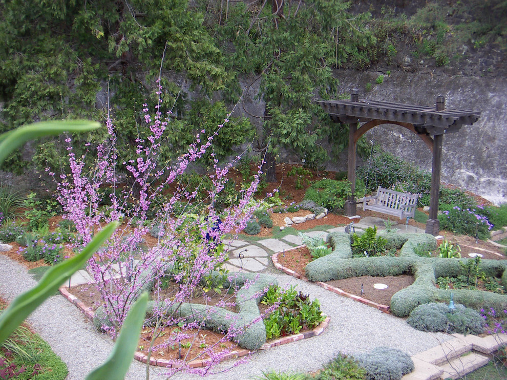 Large traditional backyard full sun formal garden in San Francisco with a garden path and natural stone pavers.