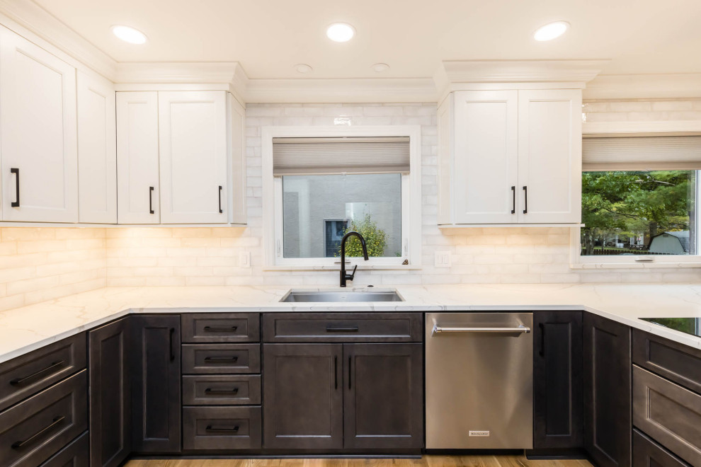 White Kitchen with Waterfall Countertops