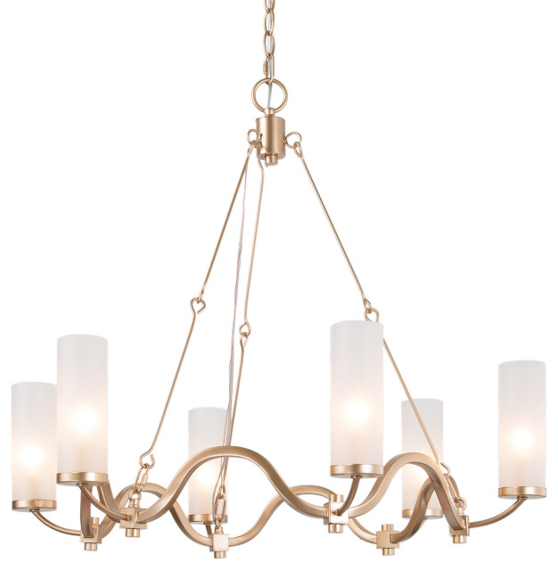 Modern Ring Chandelier, Rose Gold Frame & Cream Cylinder Glass Shades Transitional