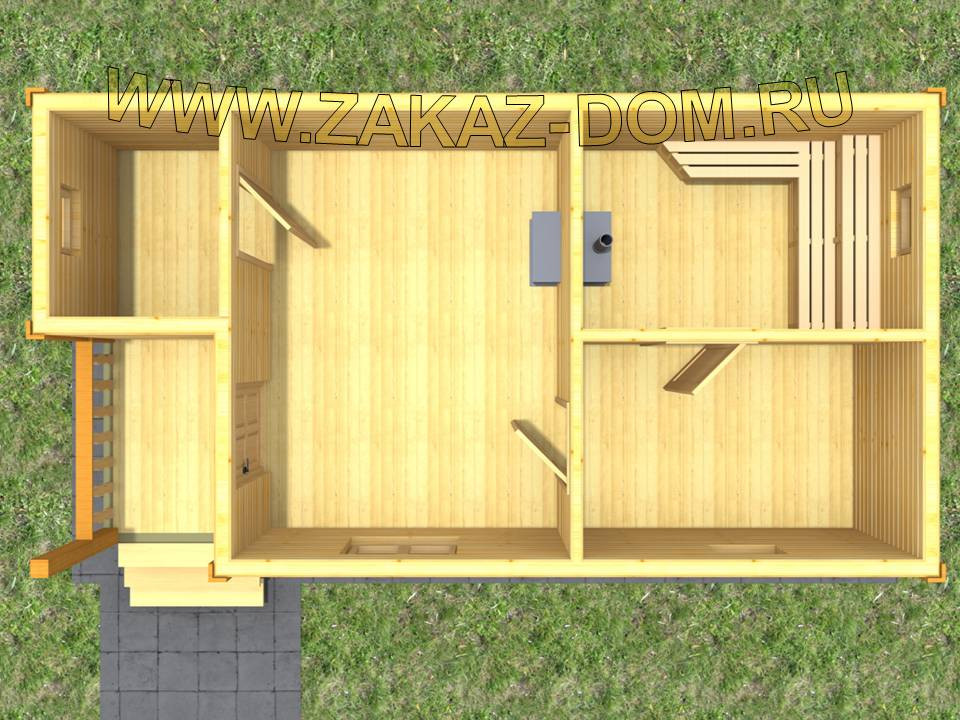 Проект одноэтажной бани из бруса (4х7.5 м) : Б-104