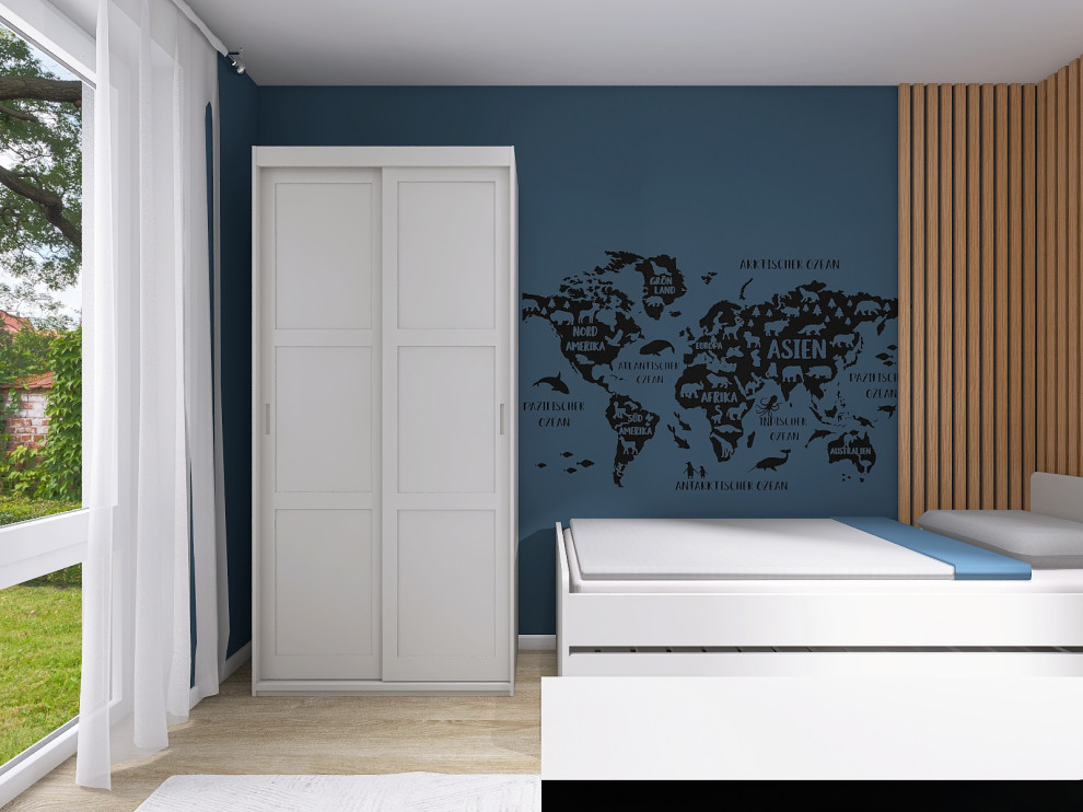 На фото: детская среднего размера в скандинавском стиле с спальным местом, синими стенами, деревянным полом, коричневым полом, многоуровневым потолком и панелями на части стены для ребенка от 4 до 10 лет, мальчика с