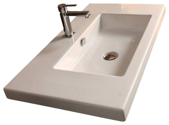 Rectangular White Ceramic Wall Mounted, or Built-In Sink, One Hole
