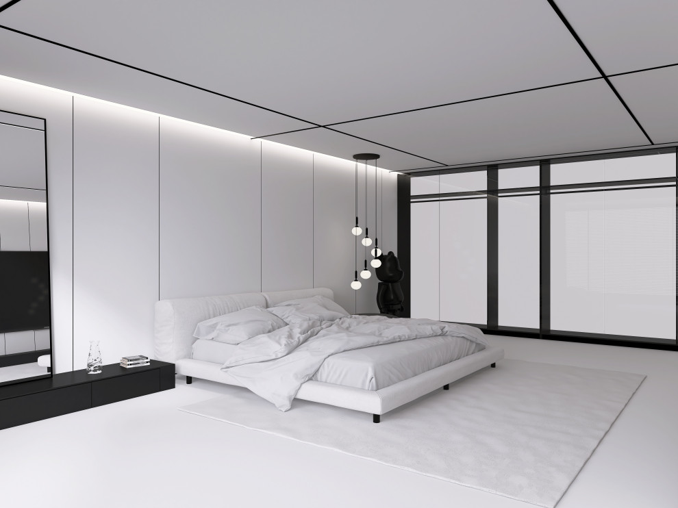 Белая спальня в стиле минимализм.  Основная чертами этой спальни это большая гар
