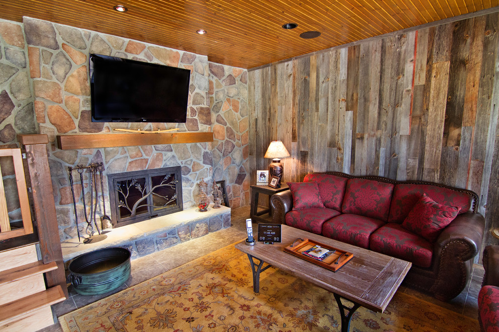 Design ideas for a country family room in St Louis with a wall-mounted tv.