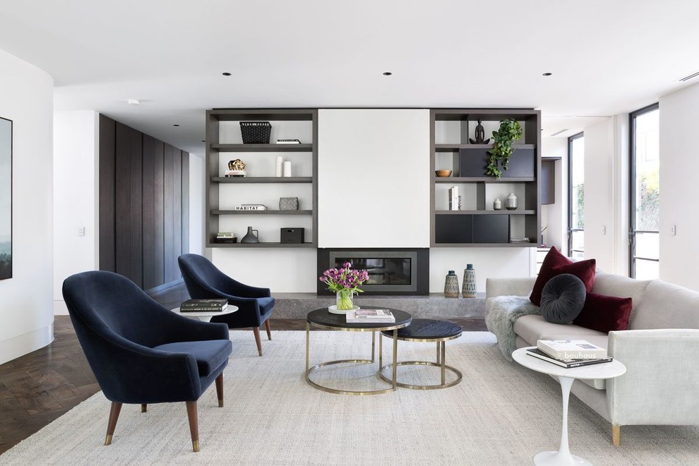 This is an example of a contemporary formal open concept living room in Melbourne with white walls, dark hardwood floors, a ribbon fireplace, no tv and brown floor.