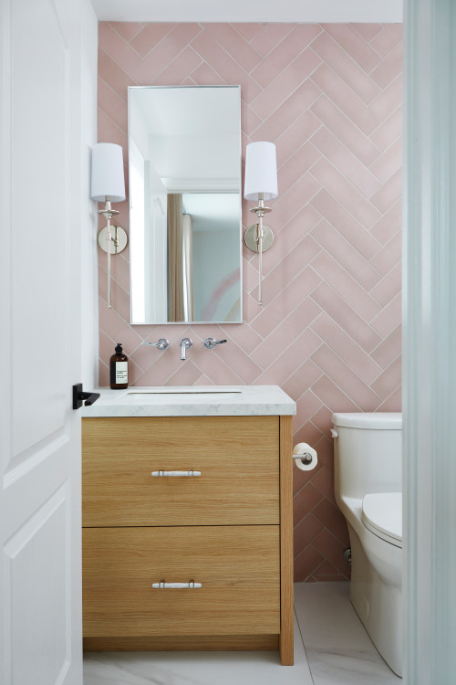 Pink Elegance: Light Wood Vanity with White Marble Countertops