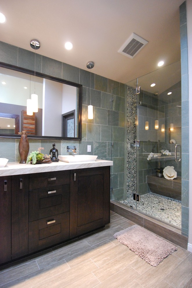 Transitional bathroom in Orange County with slate.