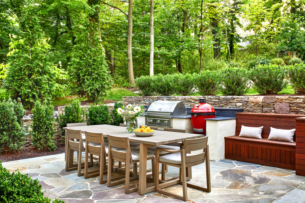 Mid-sized transitional backyard patio in DC Metro with natural stone pavers.