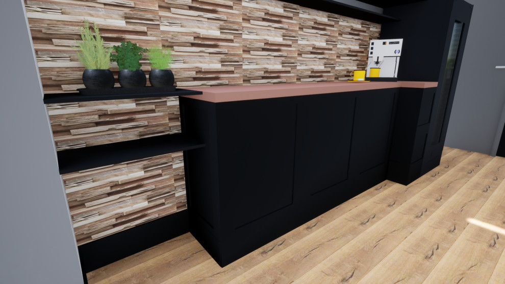 Design ideas for a mid-sized kitchen in Bordeaux with an undermount sink, recessed-panel cabinets, black cabinets, wood benchtops, brown splashback, timber splashback, black appliances, dark hardwood floors, brown floor and pink benchtop.
