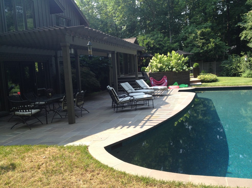 This is an example of a mid-sized modern backyard custom-shaped natural pool in Raleigh with natural stone pavers.