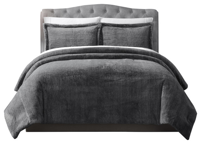 Mhf Home Grey Faux Fur Bell 3 Piece Comforter Contemporary