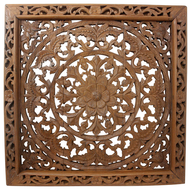 Haussmann Lotus Teak Wall Panel Inlay Sq Framed 90 Cmx90 Cm Brown Stain Wax