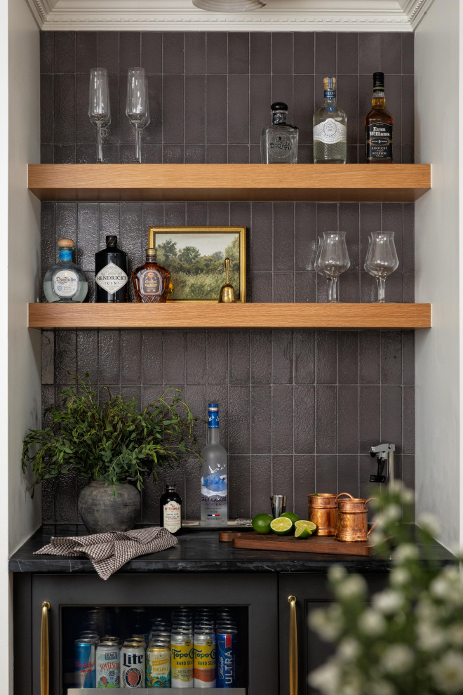 Large transitional home bar photo in Raleigh with shaker cabinets and white countertops