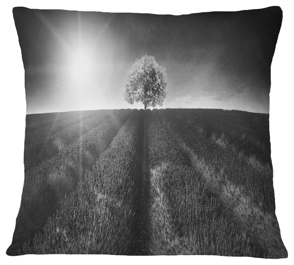 Beautiful Black White Lavender Field Landscape Printed Throw Pillow, 18"x18"