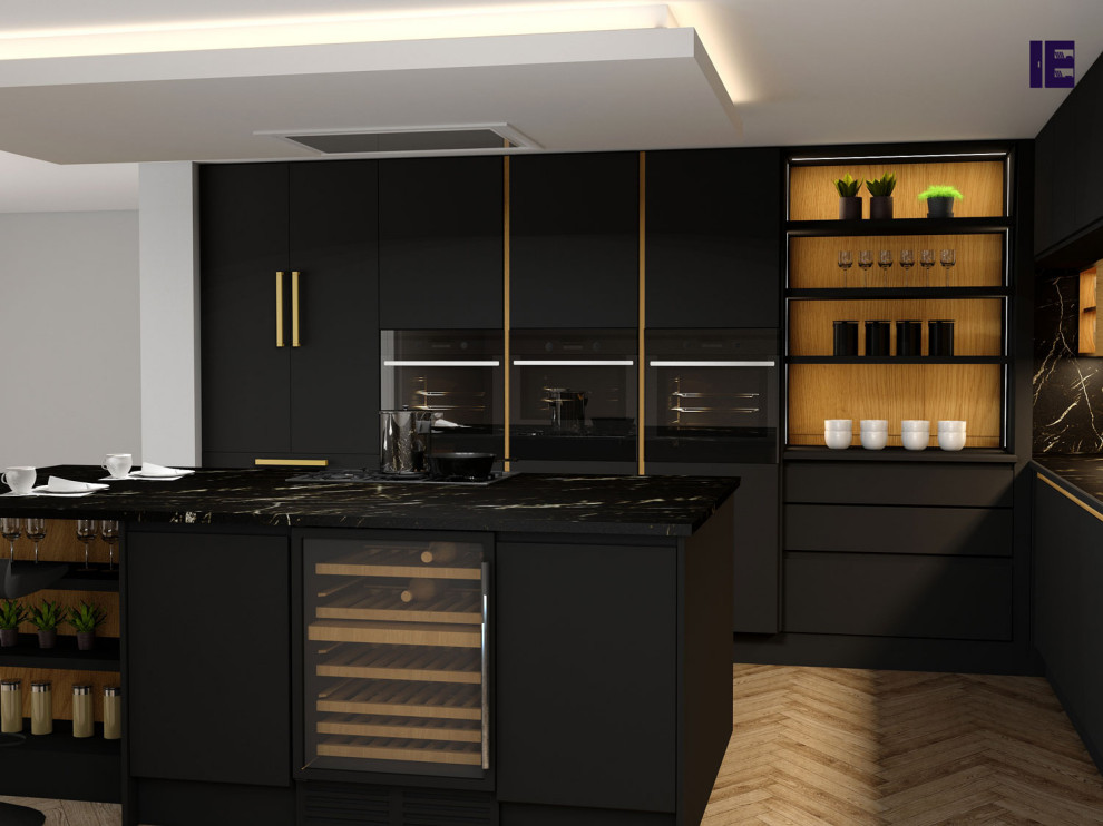 Ispirazione per una piccola cucina moderna con paraspruzzi nero e top nero