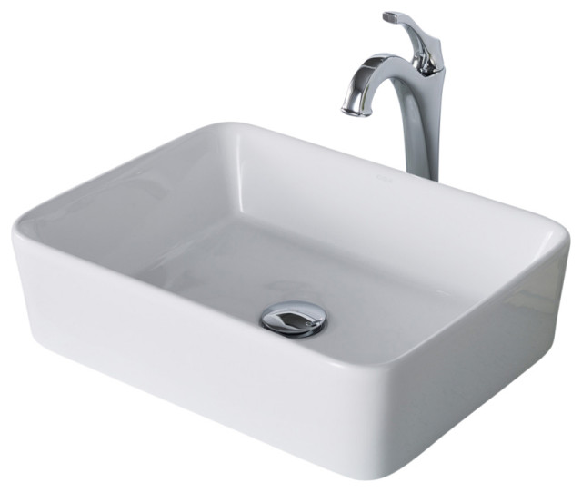 Elavo Rectangle Ceramic Vessel Sink, Bathroom Arlo Faucet, Drain, Chrome