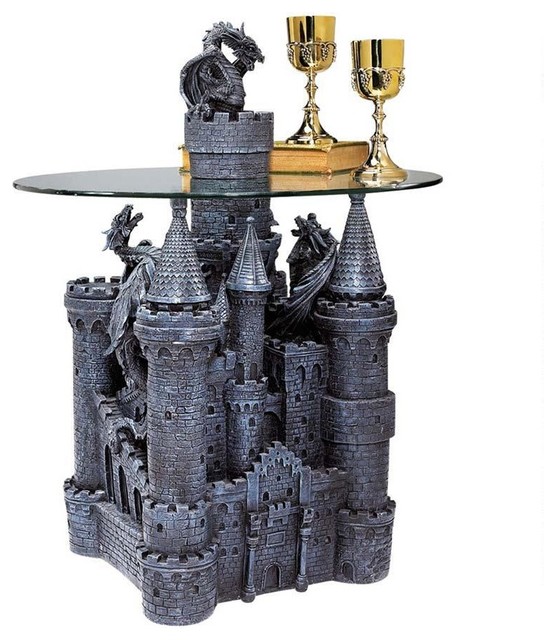 Castle Statue Sculpture GlassTopped Side Table Transitional Side