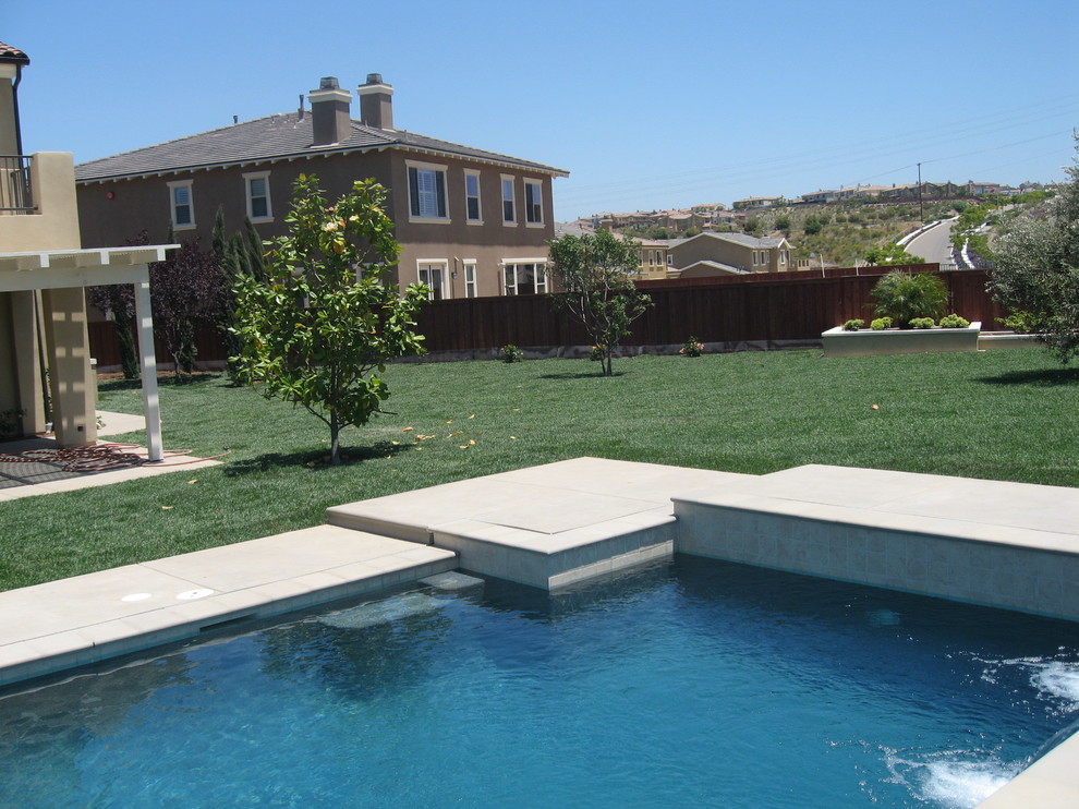Mid-sized modern backyard custom-shaped natural pool in San Diego with a hot tub and concrete slab.