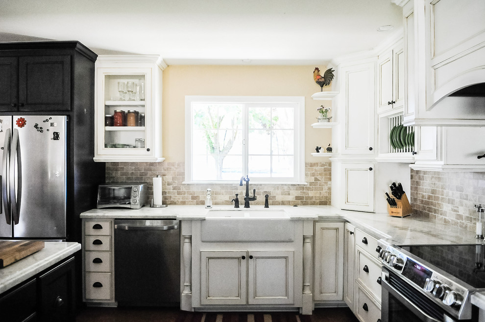 Design ideas for a country open plan kitchen in Sacramento with a farmhouse sink, shaker cabinets, distressed cabinets, granite benchtops, stainless steel appliances and medium hardwood floors.