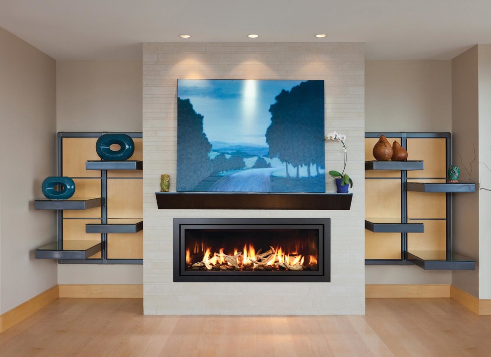 This is an example of a mid-sized modern formal open concept living room in Other with brown walls, medium hardwood floors, a ribbon fireplace and a tile fireplace surround.