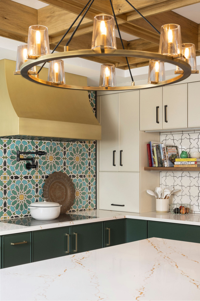 Large eclectic u-shaped light wood floor and coffered ceiling enclosed kitchen photo in Denver with flat-panel cabinets, green cabinets, quartz countertops, multicolored backsplash, ceramic backsplash, an island and white countertops