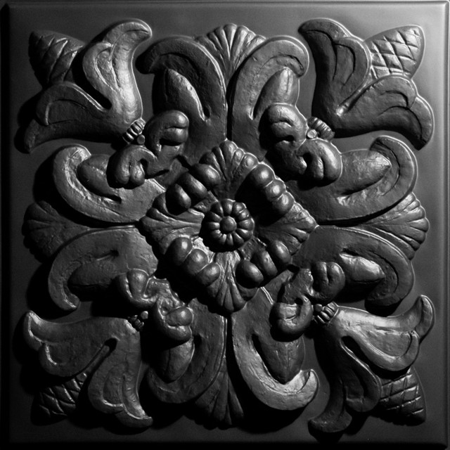 24"x24" Florentine White Ceiling Tiles, Set of 5, Black