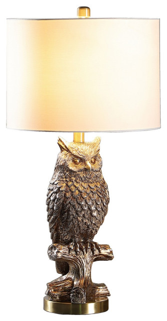 Polyresin Sitting Owl Design Table Lamp With Round Base, Silver ...