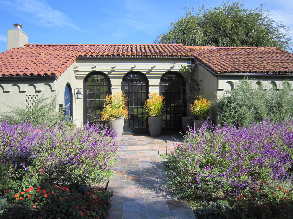 This is an example of a mediterranean front yard full sun garden in Albuquerque with a garden path.