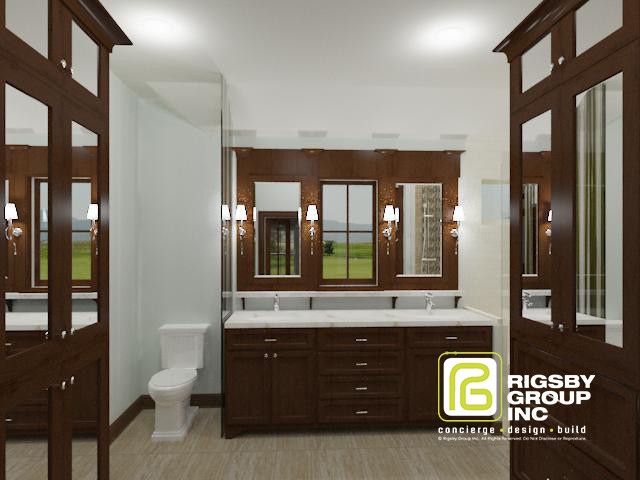 Alcove shower - transitional master multicolored tile and ceramic tile slate floor alcove shower idea in Milwaukee with an integrated sink, furniture-like cabinets, dark wood cabinets, marble countertops, a one-piece toilet and beige walls