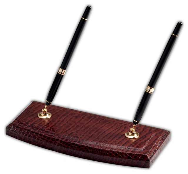 Crocodile Embossed Leather Pen Stand Brown