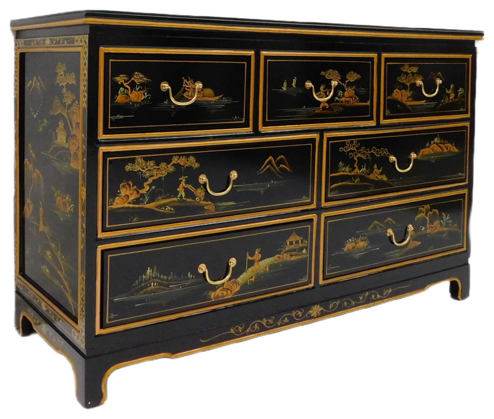 Seven Drawer Dresser With Hand Painted Japanese Landscape Scenery, 48