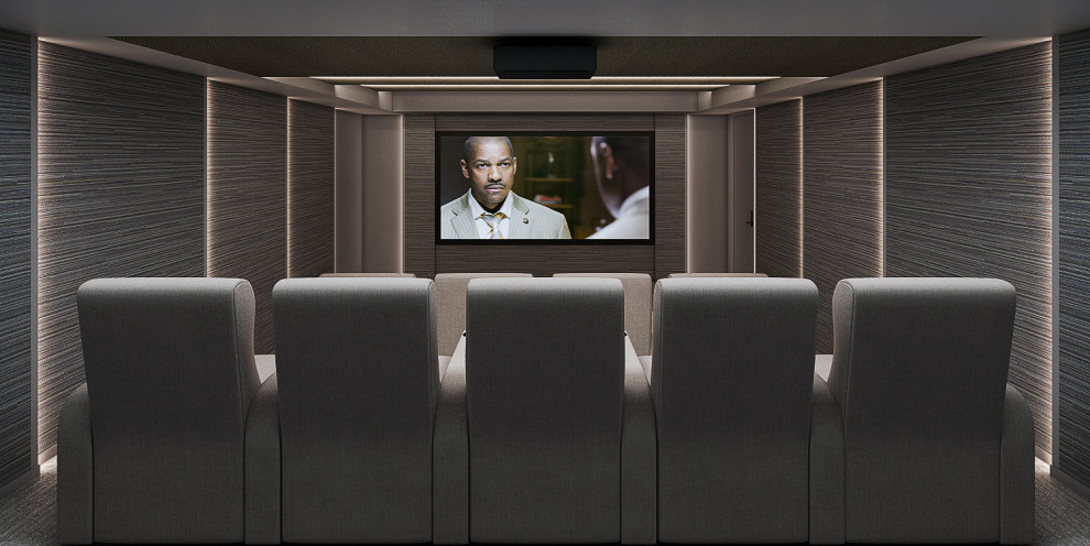 Exemple d'une salle de cinéma tendance de taille moyenne et fermée avec un mur marron, moquette, un écran de projection et un sol beige.