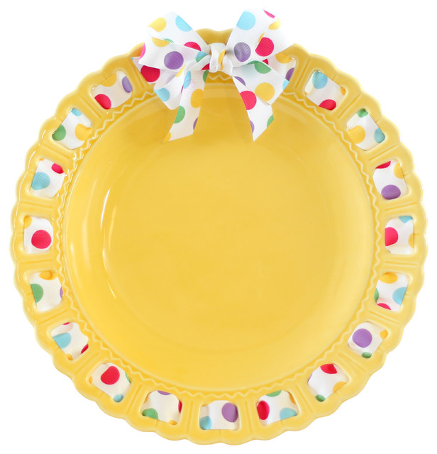 Decorative Round Yellow Ceramic Ribbon Plate Traditional Decorative