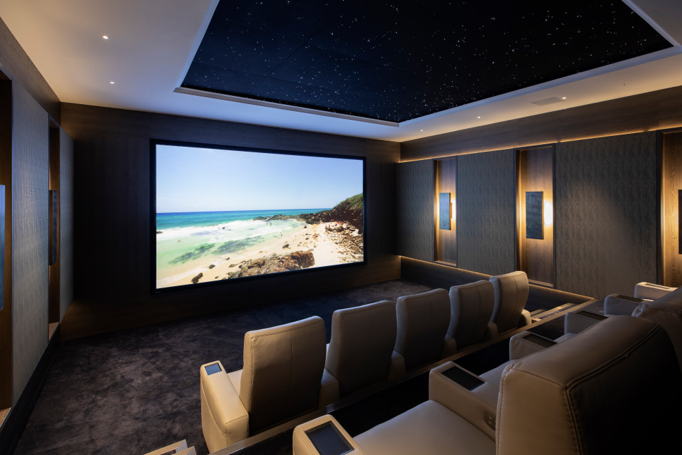 Modelo de cine en casa actual de tamaño medio con paredes marrones, moqueta, pantalla de proyección y suelo negro