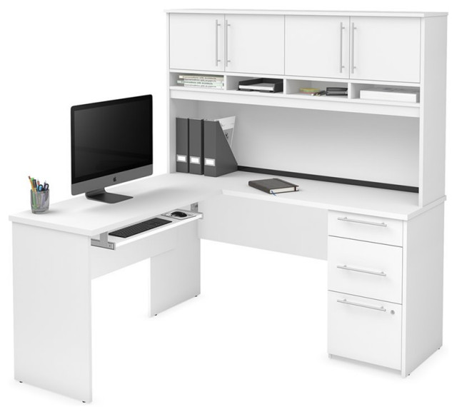 Bestar Innova Plus L Shaped Computer Desk with Hutch in White