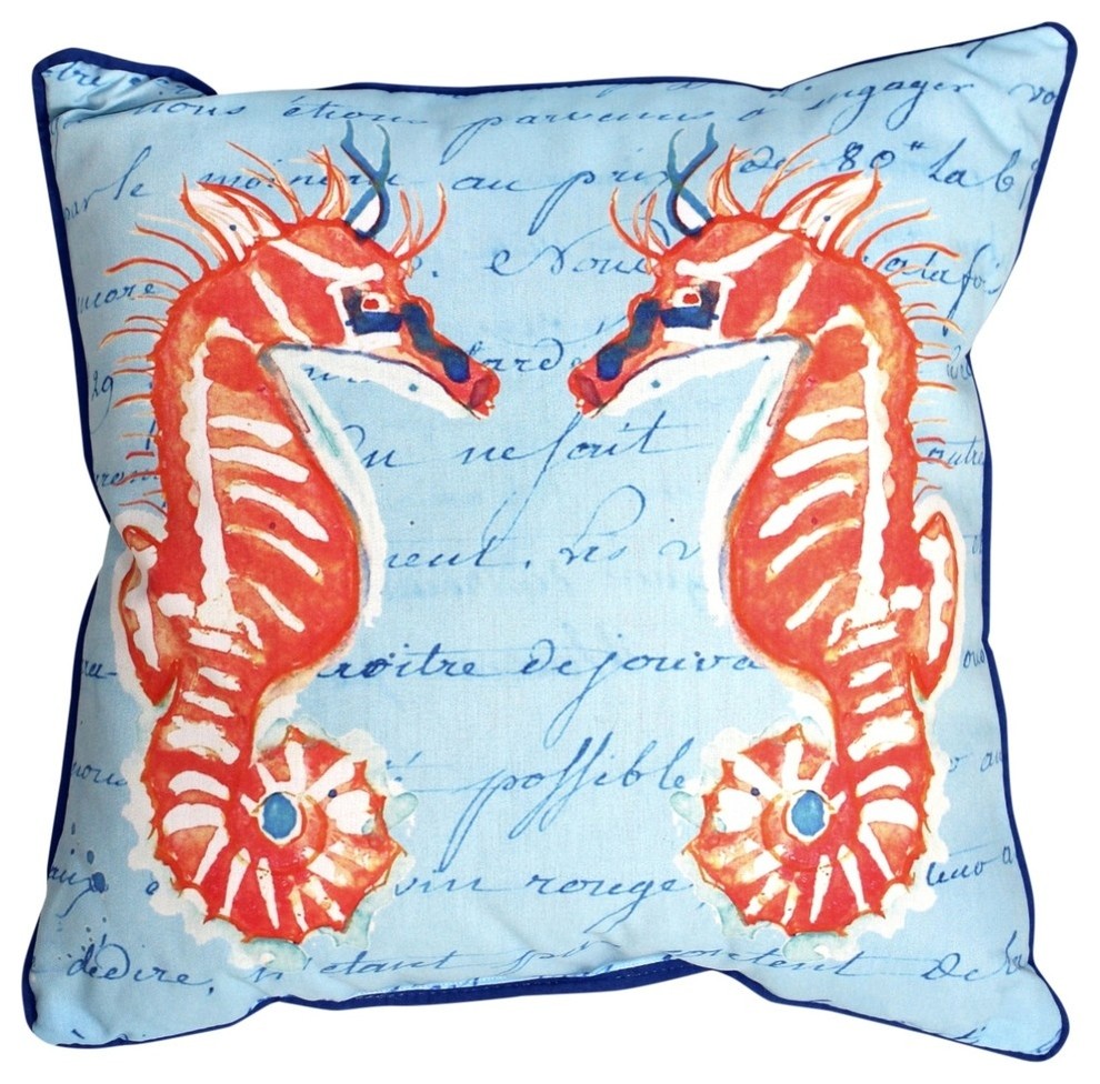 Coral Sea Horses Blue Script Outdoor Pillow Beach Style Outdoor Cushions And Pillows By Mary B Decorative Art