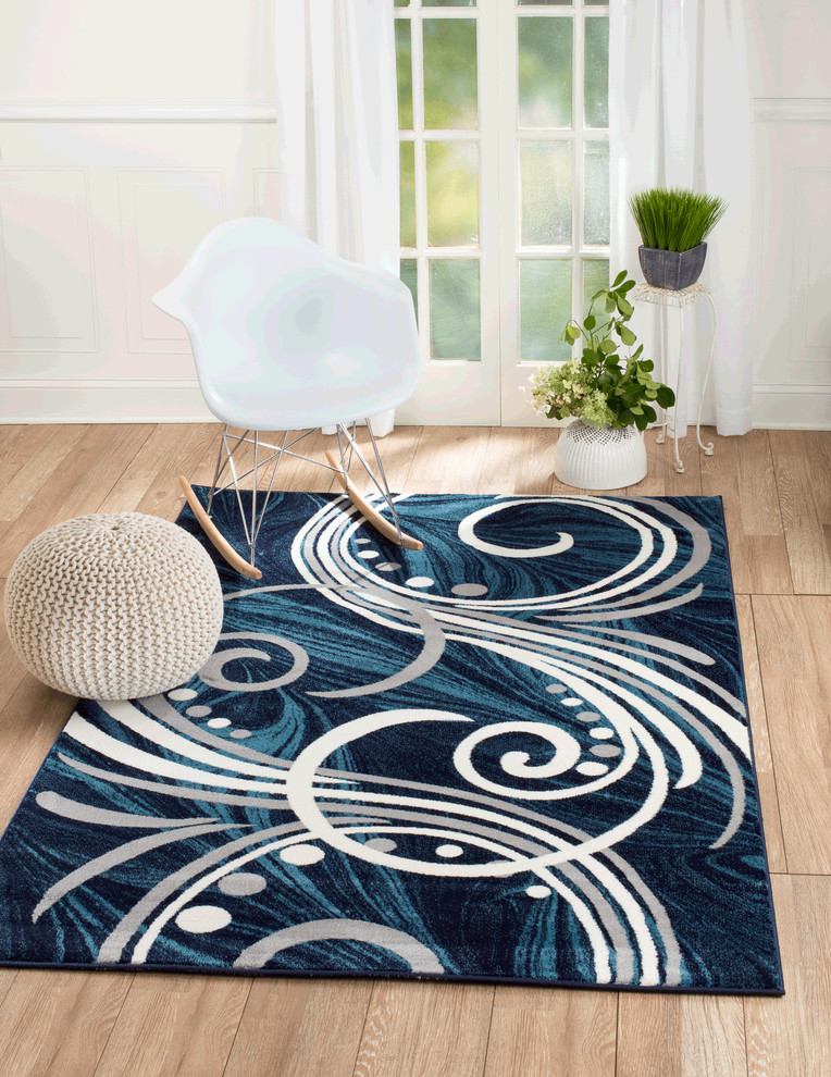 Summit Navy Blue Abstract Swirl, Area Rug [Design H61] Contemporary
