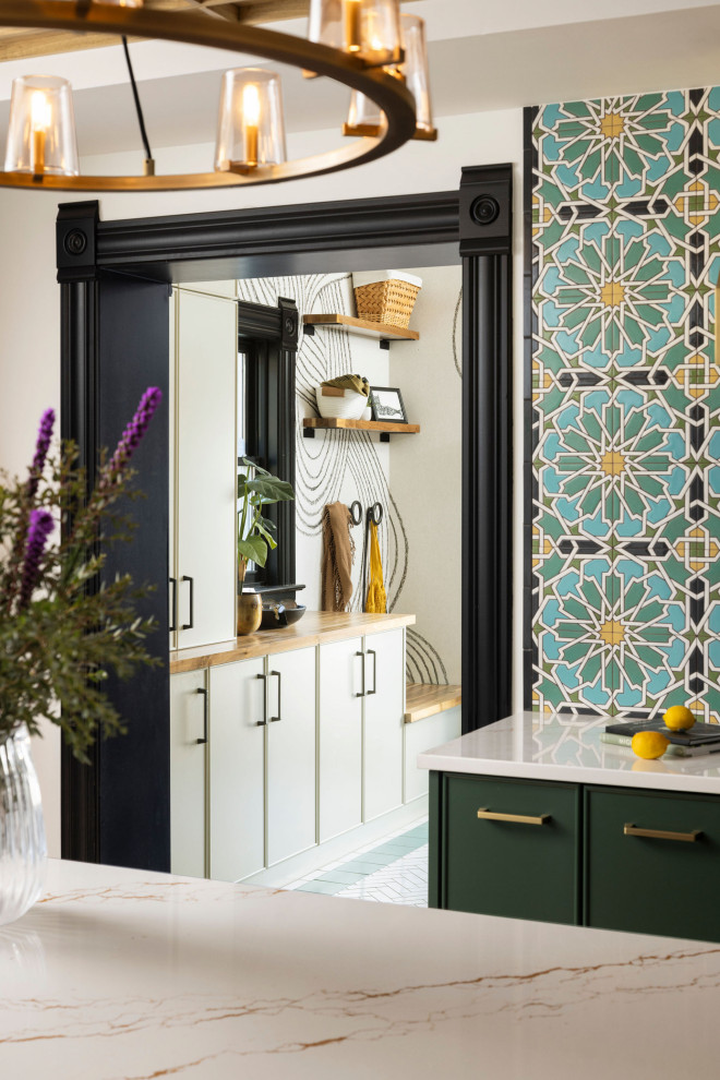 Large eclectic u-shaped light wood floor and coffered ceiling enclosed kitchen photo in Denver with flat-panel cabinets, green cabinets, quartz countertops, multicolored backsplash, ceramic backsplash, an island and white countertops