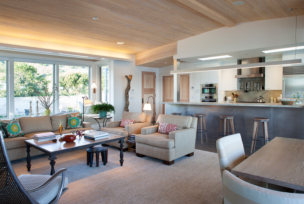 Design ideas for a contemporary open concept living room in San Francisco with white walls.