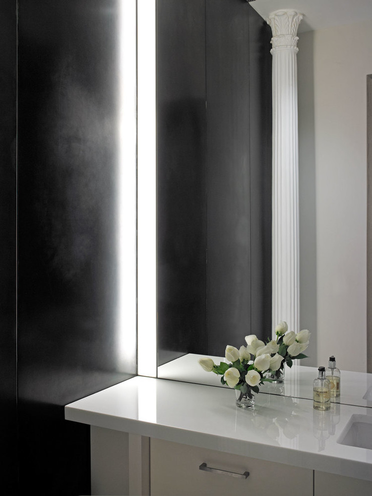 Inspiration for a contemporary ceramic tile freestanding bathtub remodel in Chicago with gray walls