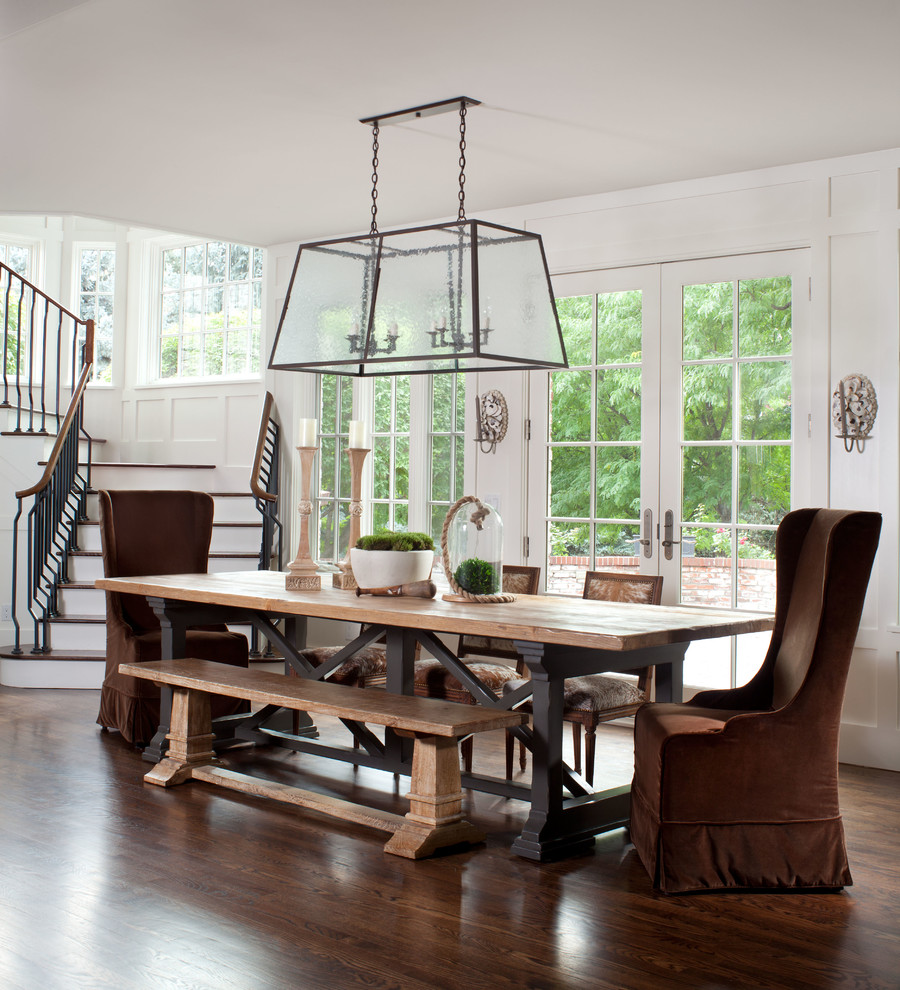 Great room - mid-sized transitional dark wood floor great room idea in Denver with white walls and no fireplace