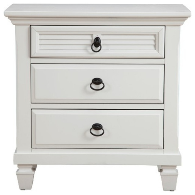 Pine Wood 3 Drawer Nightstand In White Traditional Nightstands And