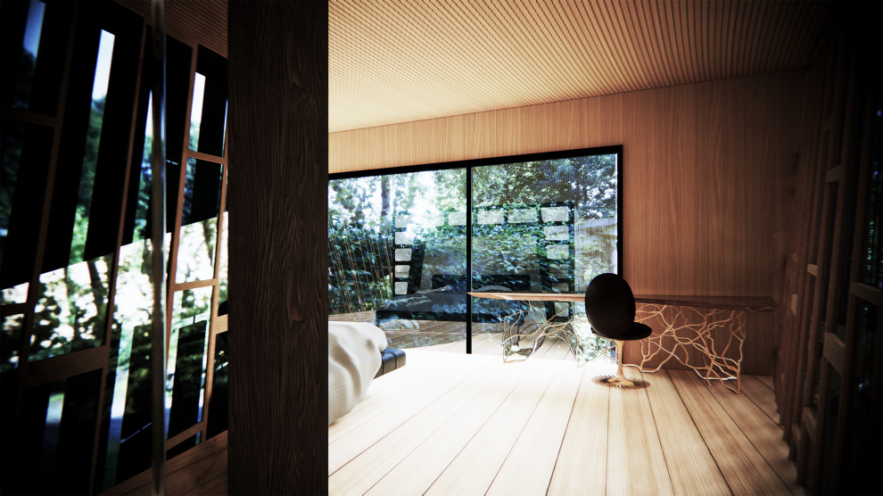 Mittelgroßes Modernes Hauptschlafzimmer mit hellem Holzboden, Holzdecke und Wandpaneelen in New York
