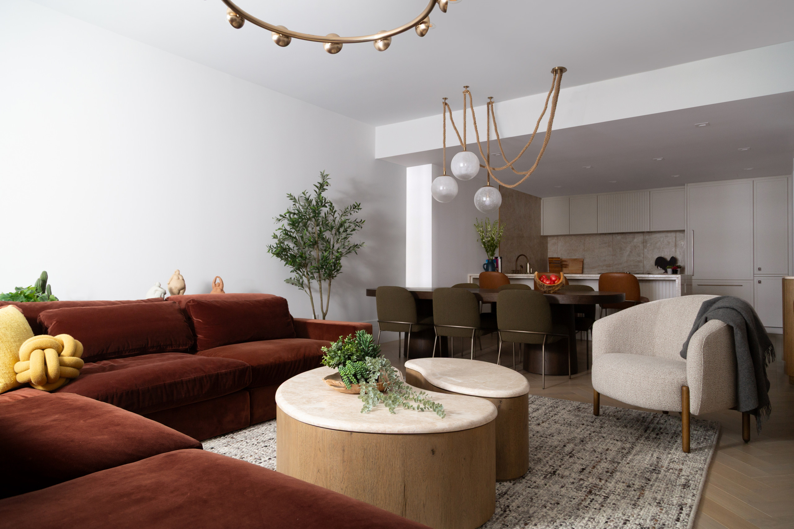 modern living room with burgundy rust mustard colors