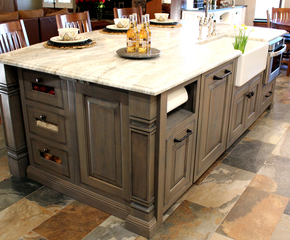 Inspiration for a large transitional porcelain tile eat-in kitchen remodel in Oklahoma City with beaded inset cabinets, white cabinets, soapstone countertops, white backsplash and stone tile backsplash